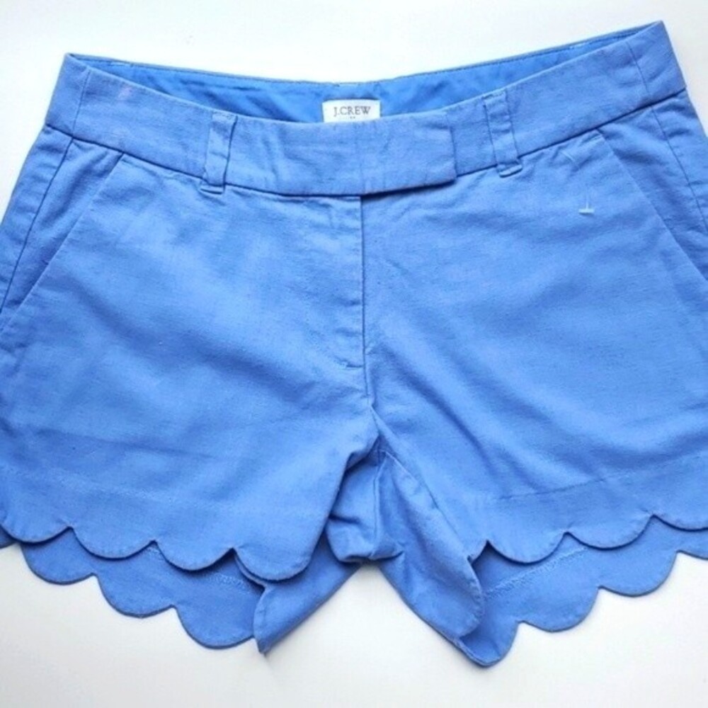 J. CREW SCALLOP HEM LINEN COTTON SHORT SHORTS BLUE SZ 4, 3.75" INSEAM